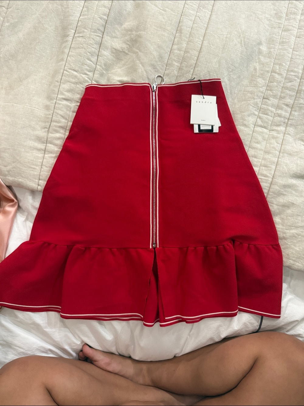 Sandro Bright Red A-Line Ruffle-Hem Skirt with Contrast Trim